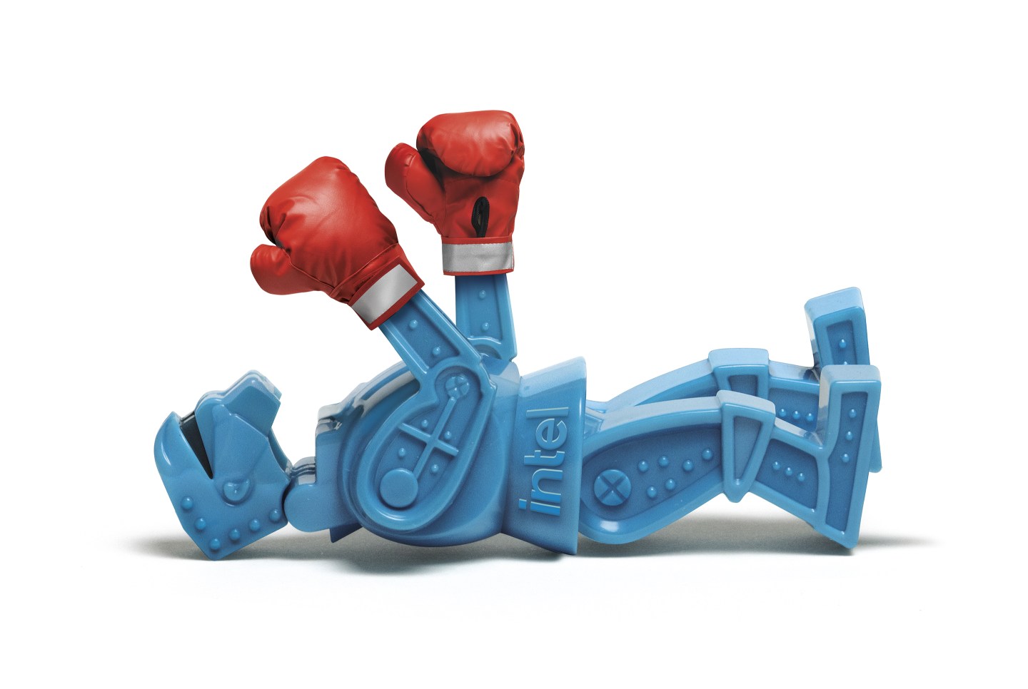 A Rock &#039;Em Sock &#039;Em robot with Intel written on it.